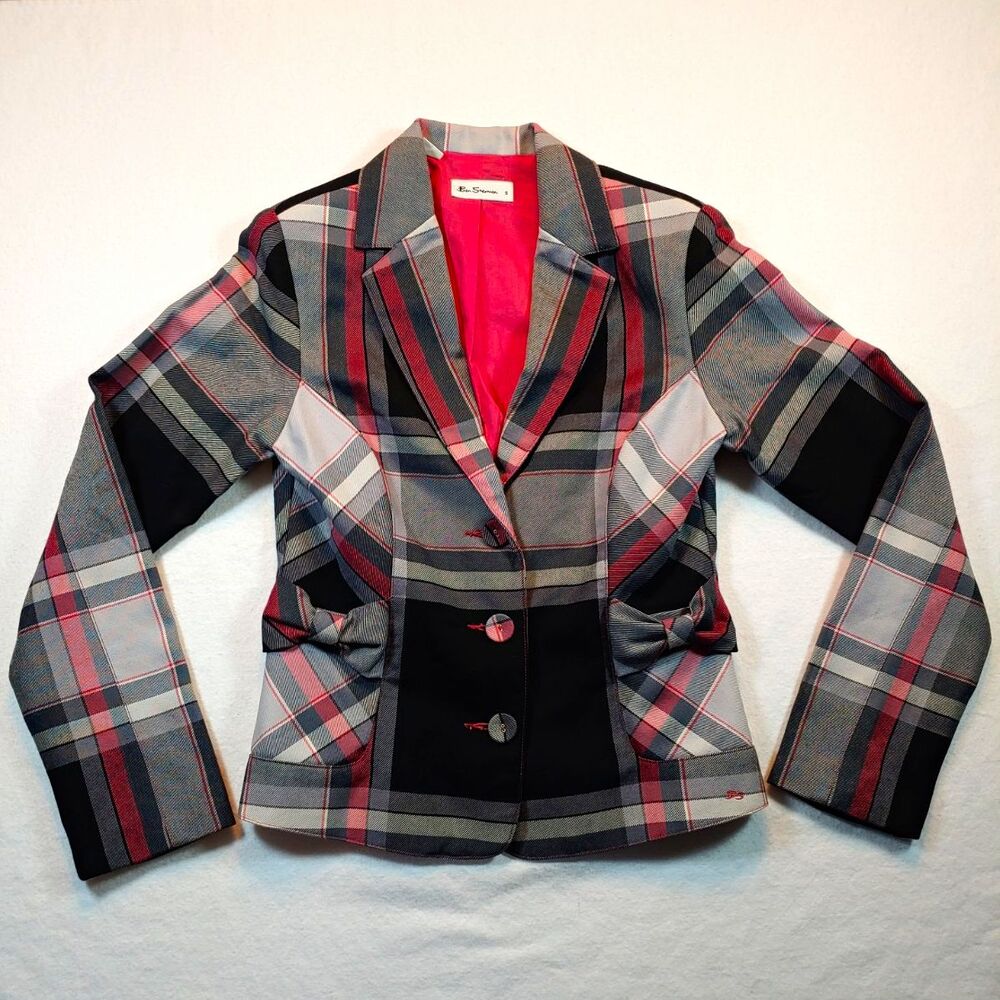Vintage Ben Sherman Women’s S Plaid Blazer Jacket Gray/Pink Button Lined